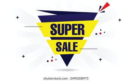 Super sale banner template design with white background, blue and yellow shapes, vector art perfect for eye-catching promotions and discounts