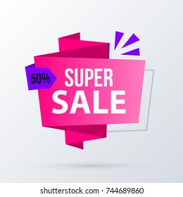 Super sale banner template in modern origami style on white background