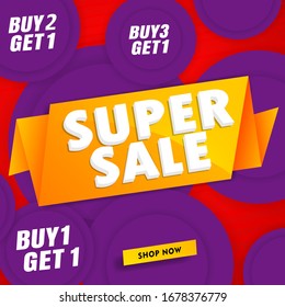 Super sale banner template puple, Buy Get Free label