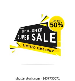 Super sale banner template vector label shopping. Special offer sale banner design. Sale banner template design, up to 50%. Advertisement promotion banner. Vector illustration.