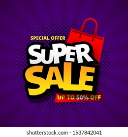 Super sale banner templete design with contrast color combination for media promotions and social media promo