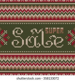 Super Sale Banner in Traditional Fair Isle Knitted Sweater Style. Seamless Vector Background