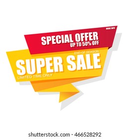 Super sale banner vector design template on white background. Can be used for weekend special offer, discount sticker, origami label, paper tag, shopping, poster, advertising, postcard.