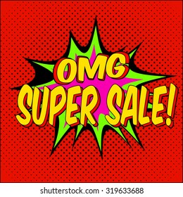 Super Sale banner web. Pop art cartoon style vector. Super Sale promotion banner. Comics style promotional web graphic. OMG comics text with explosion. Sale web banner. Cartoon super sale text. 