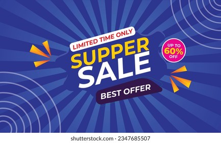 Super sale banner web template. Big sales special offer.
End of season party background. Flash sale modern post design.
Super sale illustrator vector text on colors background.
Hot promo web banner