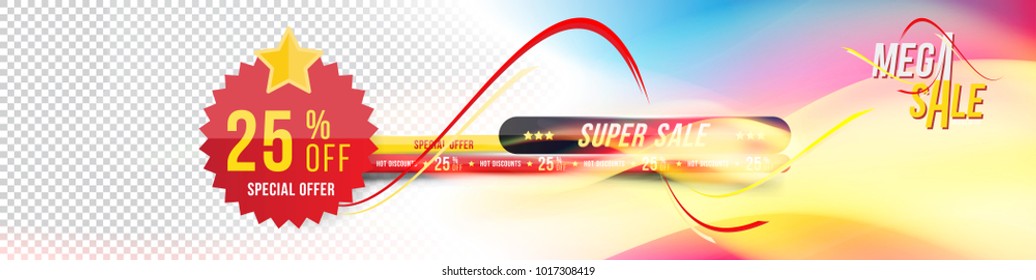 Super sale banner for the website. Banner with a gradient and a discount of 25% with a sticker on a transparent and colored background with realistic fire.