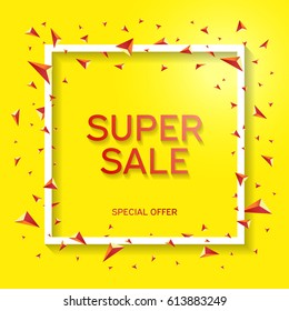 Super sale banner. White frame with colorful abstract geometric shapes around it on a yellow background.