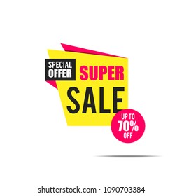 Super sale banner. Yellow discount poster on a light background with shadow, Sale tag, label, badge, sticker. Special offer, Up to 70% off. Vector illustration, eps10