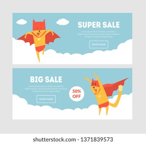 Super Sale Banners Set with Superhero Dog, Final Sale Template Can Be Used For Shop, Online Store, Website, Landing Page Vector Illustration