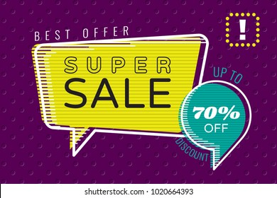Super Sale Best Offer 70 % Discount in Inverted Horizontal Strokes Sketch Trendy Speech Bubbles Shopping Creative Concept - Multicolor on Purple Holes Wallpaper Background - Vector Flat Graphic Design