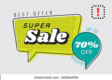 Super Sale Best Offer 70 % Discount in Trendy Raster Speech Bubbles Shopping Creative Concept - Black Turquoise and Yellow Elements on Grey Holes Wallpaper Background - Vector Flat Graphic Design