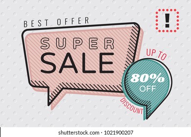 Super Sale Best Offer 80 % Discount in Diagonal Strokes Sketch Trendy Speech Bubbles Shopping Creative Concept - Multicolor Elements on Grey Holes Wallpaper Background - Vector Flat Graphic Design