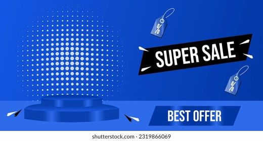 SUPER SALE. BEST OFFER. Editable banner with blue background. Bebas Neue Bold typography