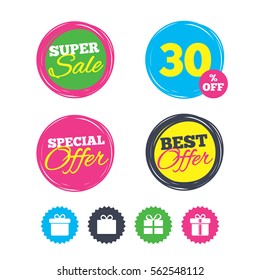 Super sale and best offer stickers. Gift box sign icons. Present with bow and ribbons sign symbols. Shopping labels. Vector