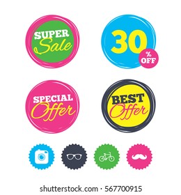 Super sale and best offer stickers. Hipster photo camera with mustache icon. Glasses symbol. Bicycle family vehicle sign. Shopping labels. Vector