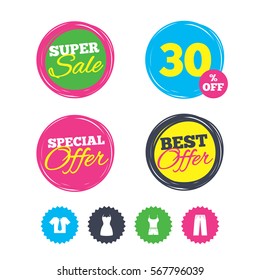 Super sale and best offer stickers. Clothes icons. T-shirt with business tie and pants signs. Women dress symbol. Shopping labels. Vector