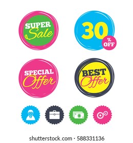 Super sale and best offer stickers. Businessman icons. Human silhouette and cash money signs. Case and gear symbols. Shopping labels. Vector