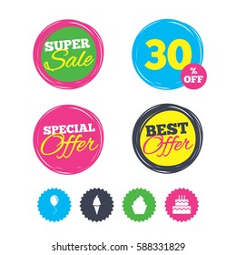 Super sale and best offer stickers. Birthday party icons. Cake with ice cream signs. Air balloon with rope symbol. Shopping labels. Vector