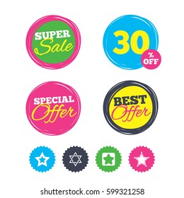 Super sale and best offer stickers. Star of David icons. Sheriff police sign. Symbol of Israel. Shopping labels. Vector