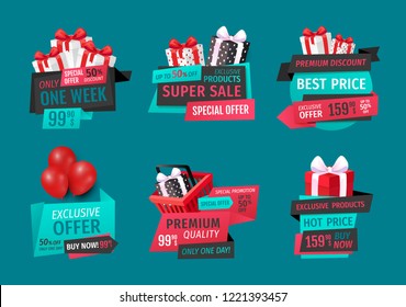 Super sale, best price on exclusive products, one week set vector. Special proposition, stores promotions and deals to customers. Trading business