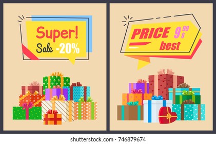 Super sale best price posters with price clearance and decorative gift boxes in colorful paper. Vector illustration with exclusive proposition