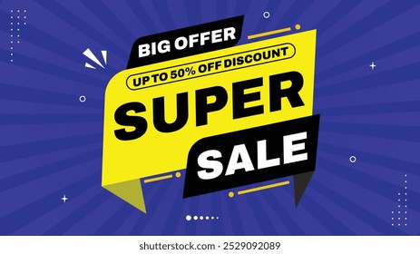 Super Sale Big Offer Up to 50% Off Discount Sale Banner Templates with Red, Black, White, Yellow, Purple Gradient Backgrounds Unique Element Shapes Create Eye-Catching Designs for Your Next Sale