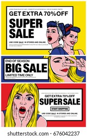 Super Sale. Big Sale. Special Offer Sale. Poster with Pop Art Retro Comic Girls on Colorful Background. Cartoon women. Vector illustration. Web Banner.