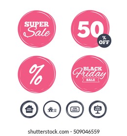 Super sale and black friday stickers. For sale icons. Real estate selling signs. Home house symbol. Shopping labels. Vector
