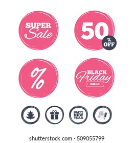 Super sale and black friday stickers. Happy new year icon. Christmas tree and gift box signs. Fireworks rocket symbol. Shopping labels. Vector
