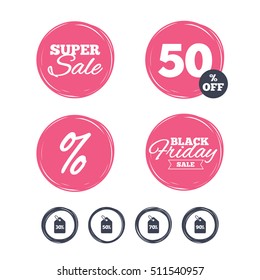 Super sale and black friday stickers. Sale price tag icons. Discount special offer symbols. 30%, 50%, 70% and 90% percent discount signs. Shopping labels. Vector