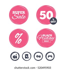 Super sale and black friday stickers. Bowling and Casino icons. Video game joystick and playing card with dice symbols. Entertainment signs. Shopping labels. Vector