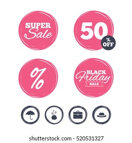 Super sale and black friday stickers. Clothing accessories icons. Umbrella and headdress hat signs. Wallet with cash coins, business case symbols. Shopping labels. Vector