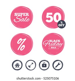 Super sale and black friday stickers. Home key icon. Wrench service tool symbol. Locker sign. Main page web navigation. Shopping labels. Vector