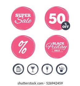 Super sale and black friday stickers. Alcoholic drinks icons. Champagne sparkling wine and beer symbols. Wine glass and cocktail signs. Shopping labels. Vector