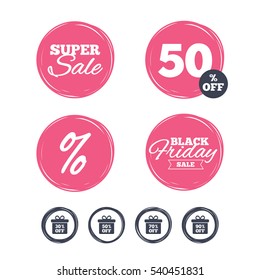 Super sale and black friday stickers. Sale gift box tag icons. Discount special offer symbols. 30%, 50%, 70% and 90% percent off signs. Shopping labels. Vector