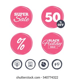 Super sale and black friday stickers. File document with diagram. Pie chart icon. Presentation billboard symbol. Supply and demand. Shopping labels. Vector