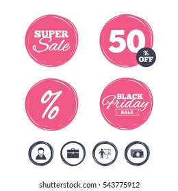 Super sale and black friday stickers. Businessman icons. Human silhouette and cash money signs. Case and presentation with chart symbols. Shopping labels. Vector