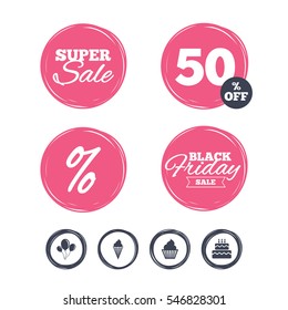 Super sale and black friday stickers. Birthday party icons. Cake with ice cream signs. Air balloons with rope symbol. Shopping labels. Vector