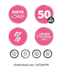 Super sale and black friday stickers. Happy face speech bubble icons. Smile sign. Map pointer symbols. Shopping labels. Vector