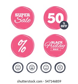 Super sale and black friday stickers. Smile icons. Happy, sad and wink faces symbol. Laughing lol smiley signs. Shopping labels. Vector