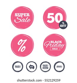 Super sale and black friday stickers. Back to school sale icons. Studies after the holidays signs. Pencil symbol. Shopping labels. Vector