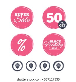 Super sale and black friday stickers. Sale pointer tag icons. Discount special offer symbols. 30%, 50%, 70% and 90% percent sale signs. Shopping labels. Vector