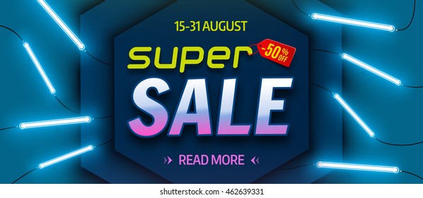 Super sale, bright colourful banner, with glowing neon tubes. Vector illustration