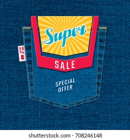 Super Sale Calligraphic Logo Lettering with Jeans Pocket and White Tag on Denim Cotton Vector Texture Shopping Creative Concept - Red and Yellow on Blue Background - Flat Graphic Design