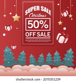 SUPER SALE CHRISTMAS WITH PINE TREE BACKGROUND