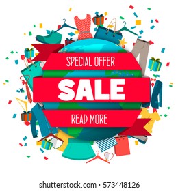 Super Sale of clothing and accessories from all over the world, banner. Big sale, clearance of 50%. Vector illustration.