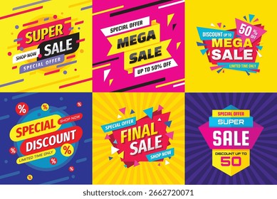 Super Sale - collection of vector creative banner illustration. Mega sale poster. Special discount 50% off. Set of abstract concept promotion layouts. Design elements. 