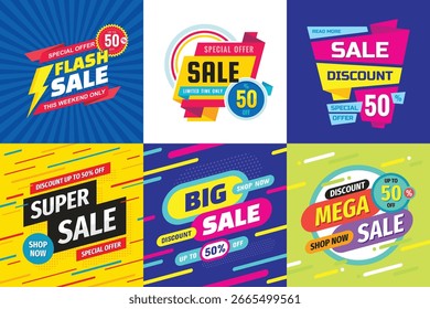 Super Sale - collection of vector creative banner illustration. Flash sale, big sale, mega sale poster. Special discount 50% off. Set of abstract concept promotion layouts. Design elements. 