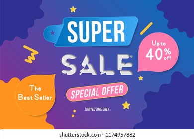 Super Sale color banner template design with decorative elements. Big sale special up to 40% off. Special offer for market and shop. Flat vector illustration EPS 10.