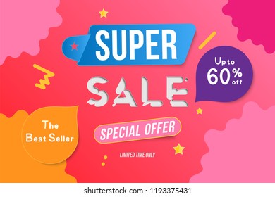 Super Sale color banner template design with decorative elements. Big sale special up to 60 off. Special offer for market and shop. Flat vector illustration EPS 10.